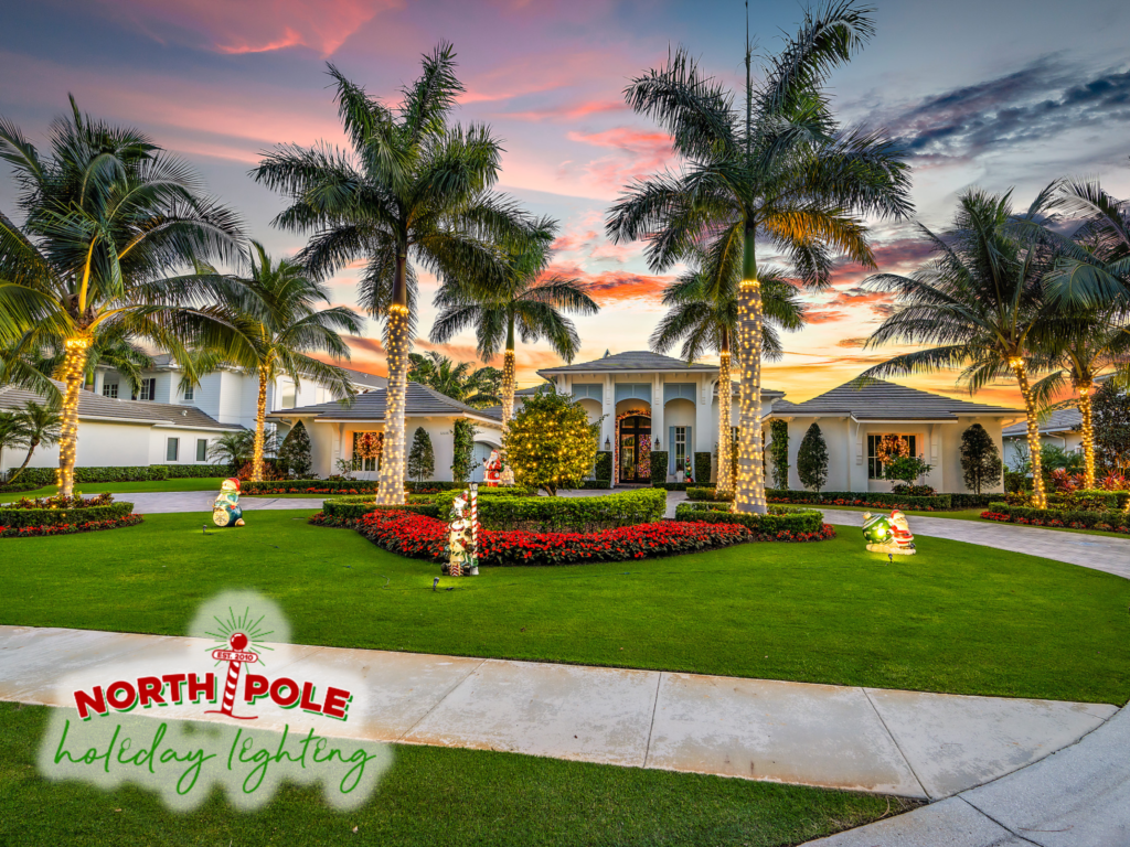 south florida's premier holiday lighting company, outdoor christmas lights, home holiday lighting, house christmas light installs, outdoor holiday decorations, residential outdoor lighting, christmas lights on trees, north pole holiday lighting, outdoor christmas decor, holiday light installation palm beach county florida, palm beach holiday lights