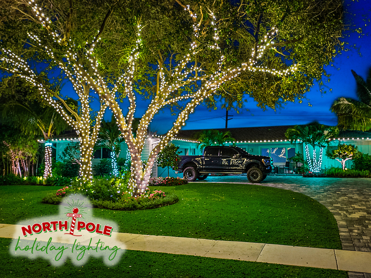 south florida's premier holiday lighting company, outdoor christmas lights, home holiday lighting, house christmas light installs, outdoor holiday decorations, residential outdoor lighting, christmas lights on trees, north pole holiday lighting, outdoor christmas decor, holiday light installation palm beach county florida, palm beach holiday lights, martin county holiday light installation