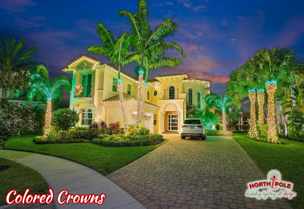 Tropical holiday landscape in Port St. Lucie featuring warm white palm wraps with vibrant green LED crowns.