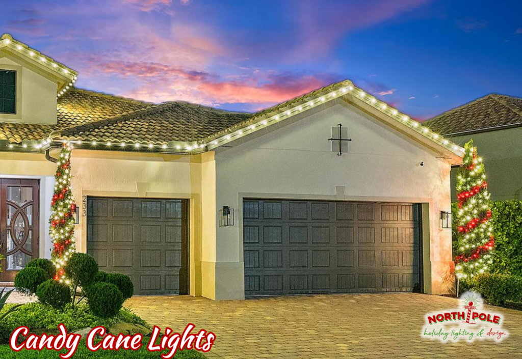 Estate garage and roofline in Boca Raton decorated with alternating red and white 'candy cane' LED holiday lights.
