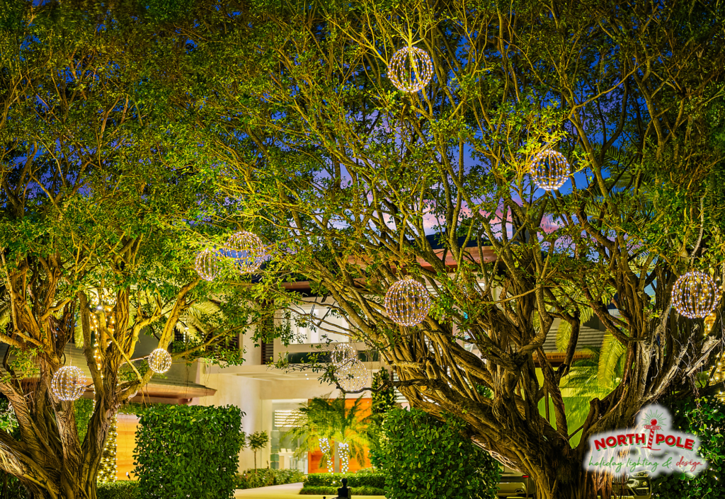 Large mature Banyan trees decorated with multiple warm white LED light spheres of varying sizes at a luxury Palm Beach County estate.